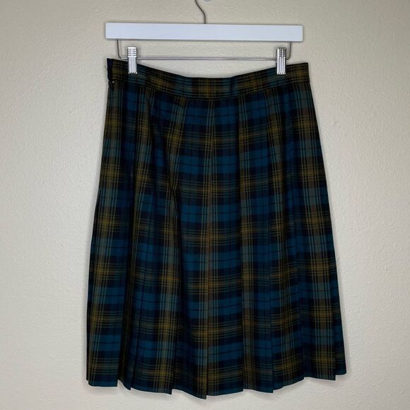 Vintage LL Bean Wool Blend Tartan Plaid Pleated Skirt Women Size 12 Blue Black - Picture 6 of 11